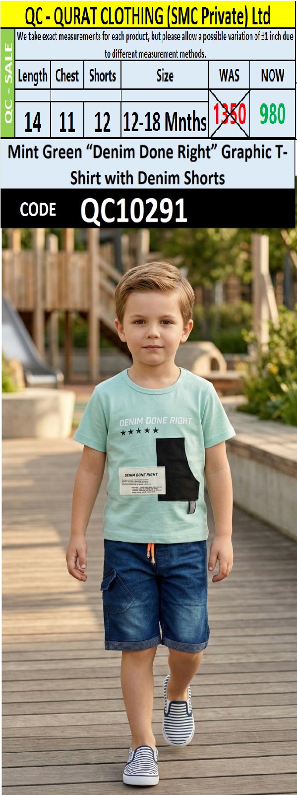 Mint Green “Denim Done Right” Graphic T-Shirt with Denim Shorts – QC10291