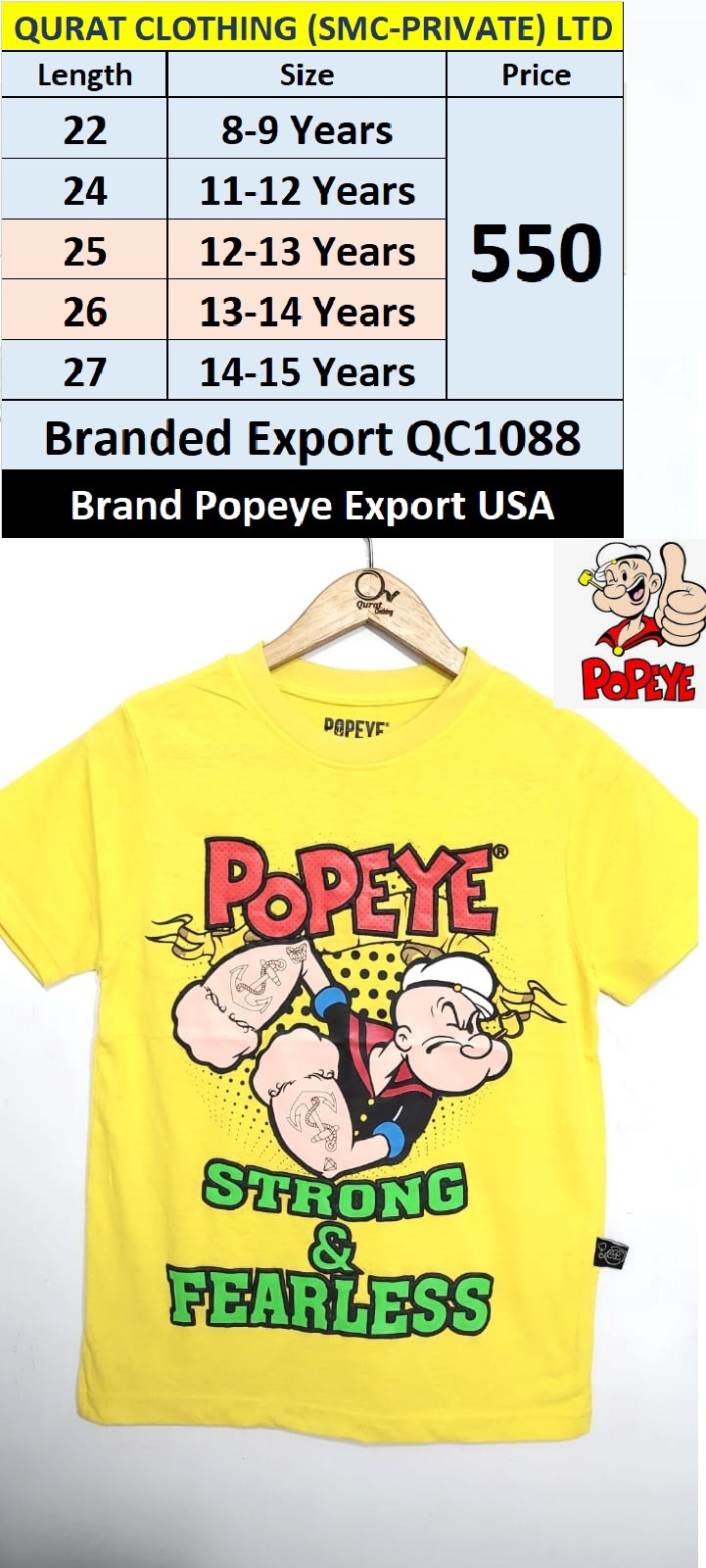 Popeye Brand Strong & Fearless T-shirt QC1088 Export USA 