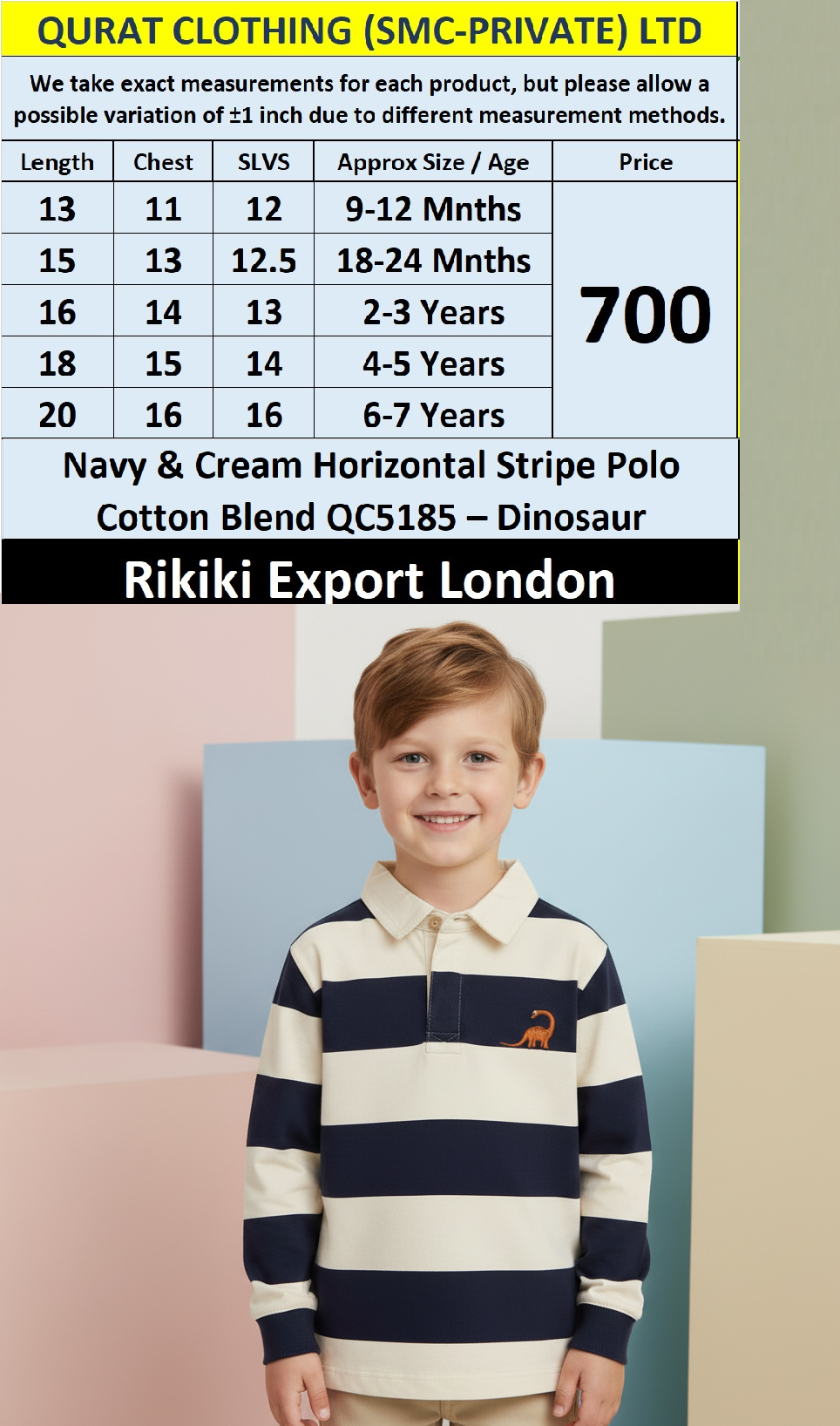 Rikiki Navy & Cream Horizontal Stripe Polo QC5185 “Dinosaur” – Export London