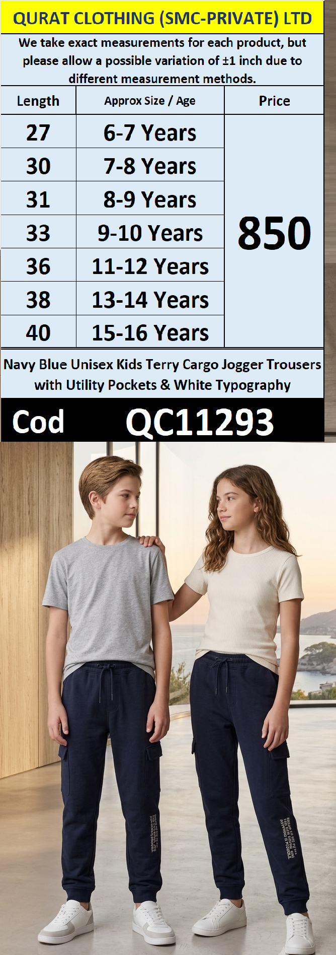 Navy Blue Unisex Kids Terry Cargo Jogger Trousers with Utility Pockets & White Typography – QC11293