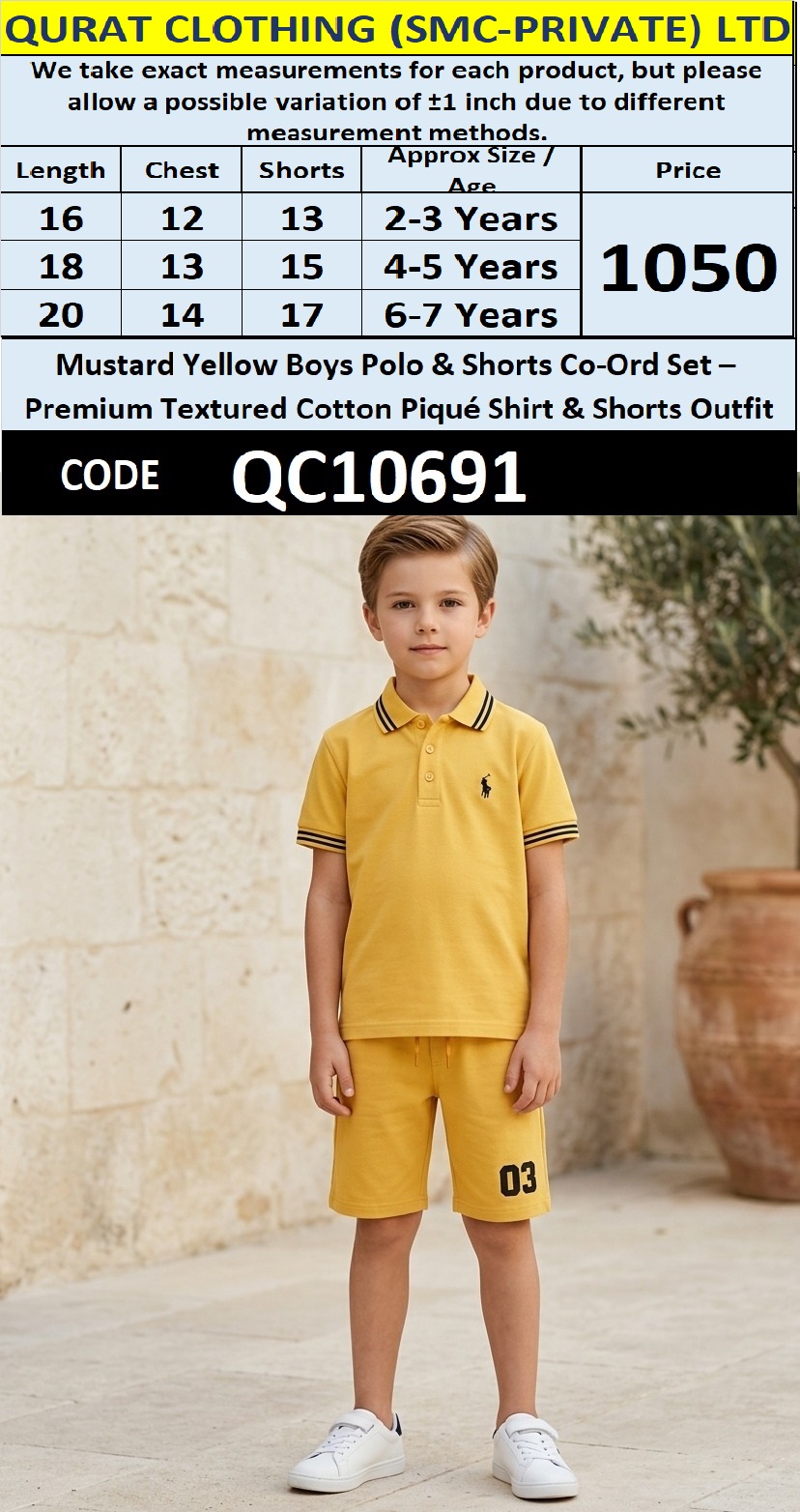 Mustard Yellow Boys Polo & Shorts Co-Ord Set – Premium Textured Cotton Piqué Shirt & Shorts Outfit QC10691