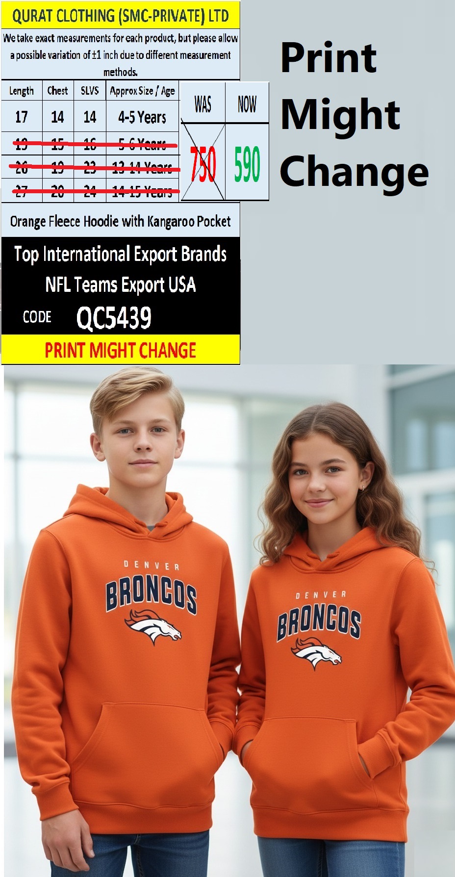 Orange Fleece Hoodie Denver Broncos Printed Text with Kangaroo Pocket – Export USA – QC5439