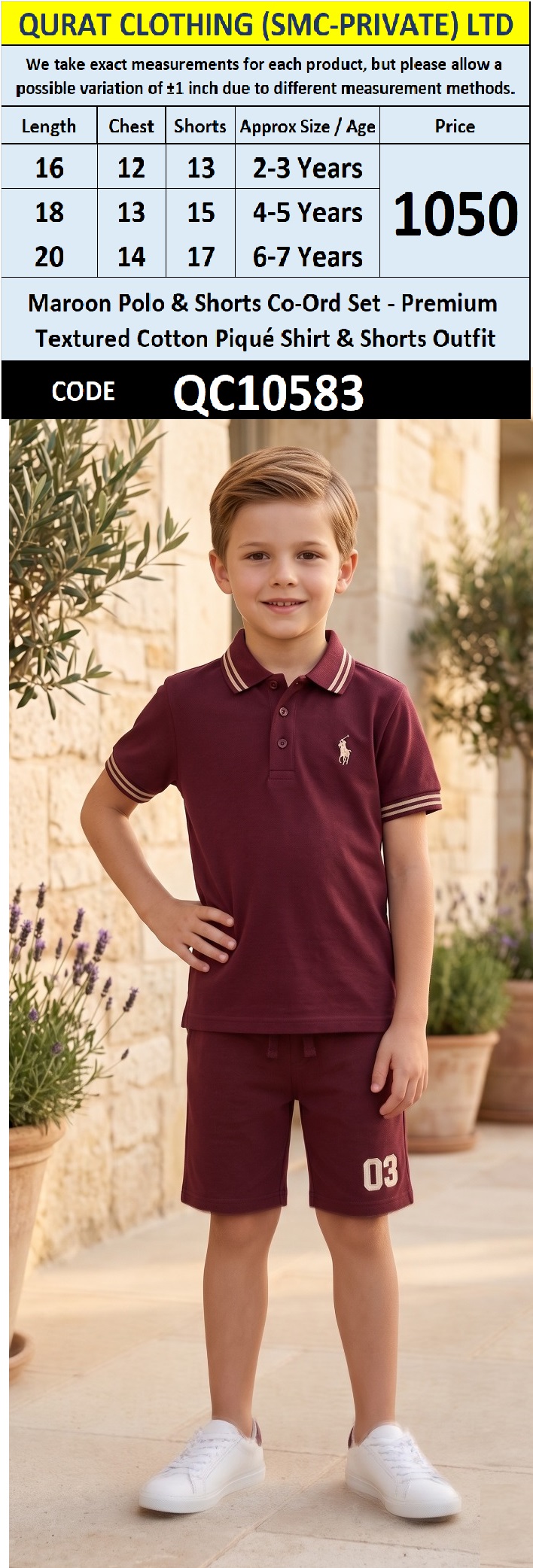 Maroon Polo & Shorts Co-Ord Set – Premium Textured Cotton Piqué Shirt & Shorts Outfit QC10583