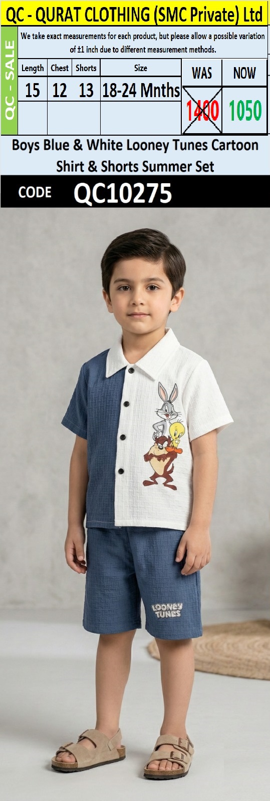 Boys Blue & White Looney Tunes Cartoon Shirt & Shorts Summer Set – c