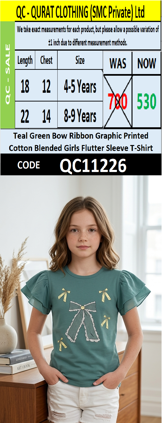 Teal Green Bow Ribbon Graphic Printed Cotton Blended Girls Flutter Sleeve T-Shirt QC11226