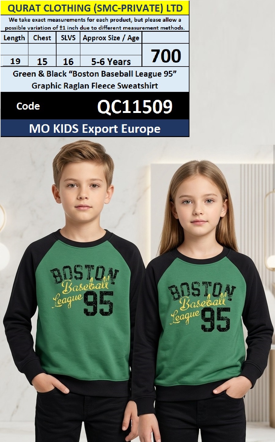 MO KIDS Export Europe Green & Black “Boston Baseball League 95” Graphic Raglan Fleece Sweatshirt – QC11509