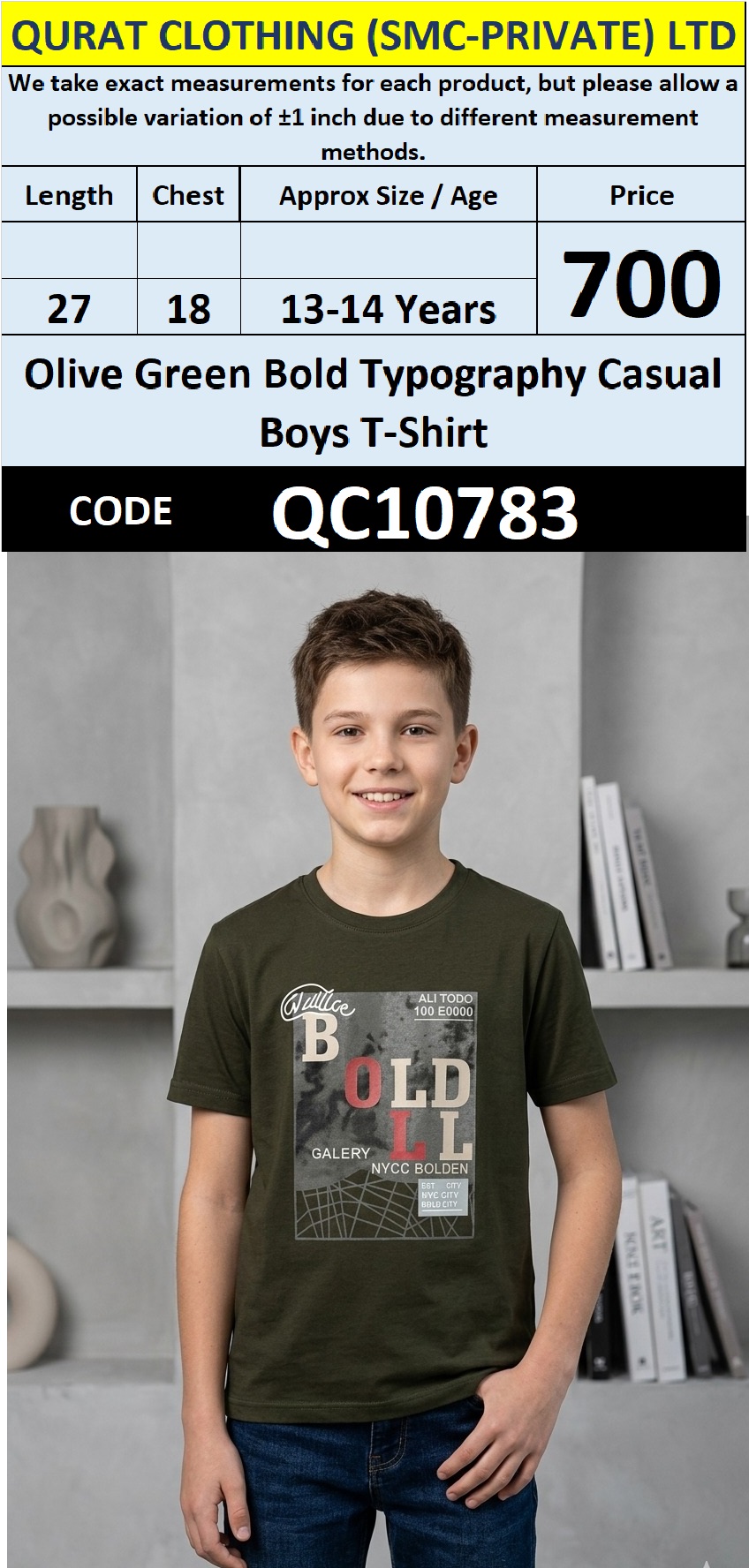 Olive Green Bold Typography Casual Boys T-Shirt QC10783
