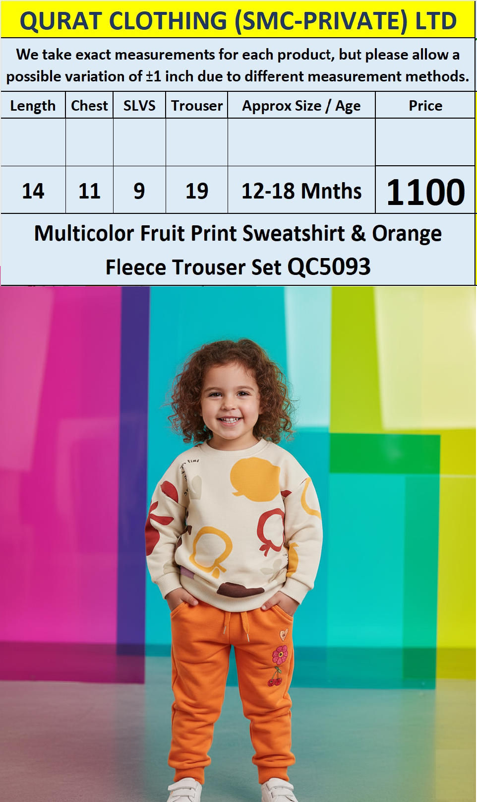 Multicolor Fruit Print Sweatshirt & Orange Fleece Trouser Set QC5093 – Top International Branded Export Product