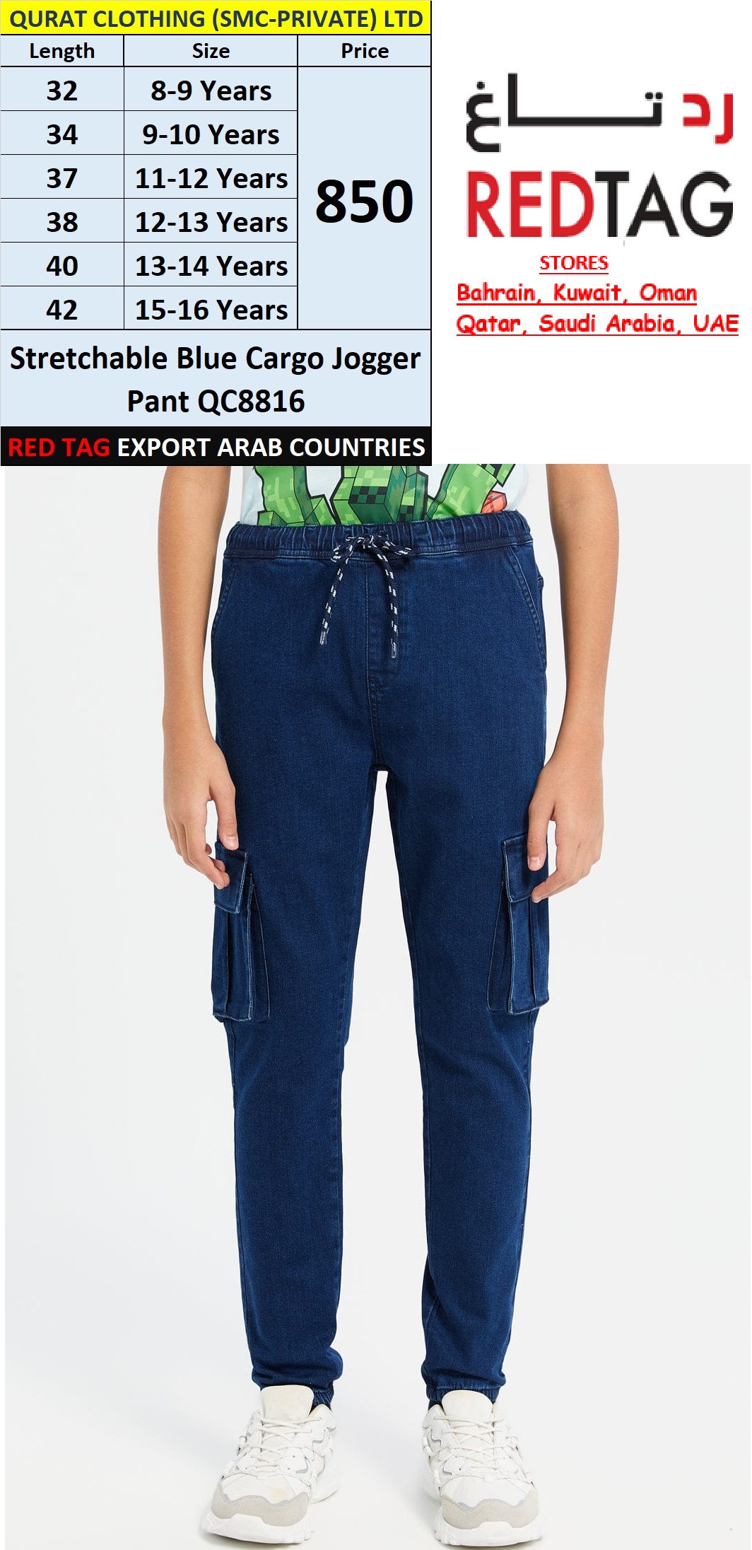 RED TAG Brand Stretchable Blue Cargo Jogger Pant QC8816 Export Arab Countries