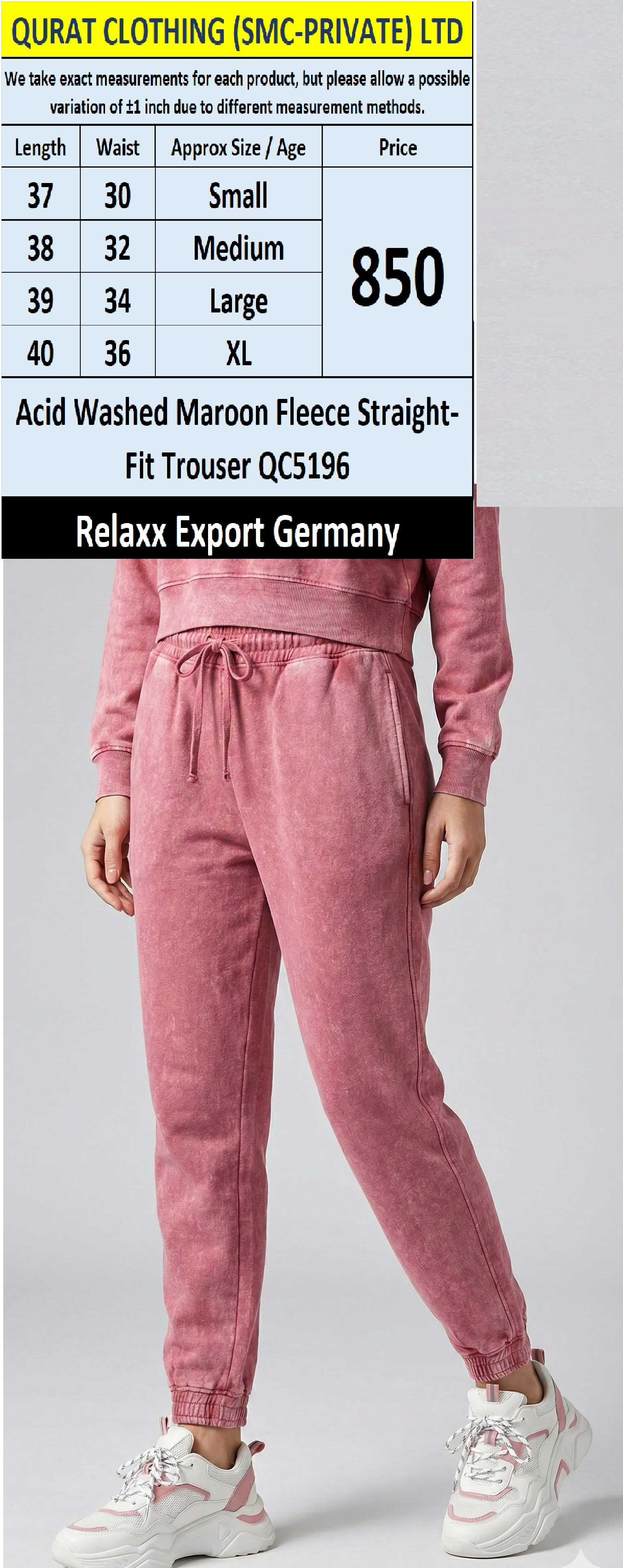 Acid Washed Maroon Fleece Straight-Fit Trouser QC5196 – Relaxx Germany Export