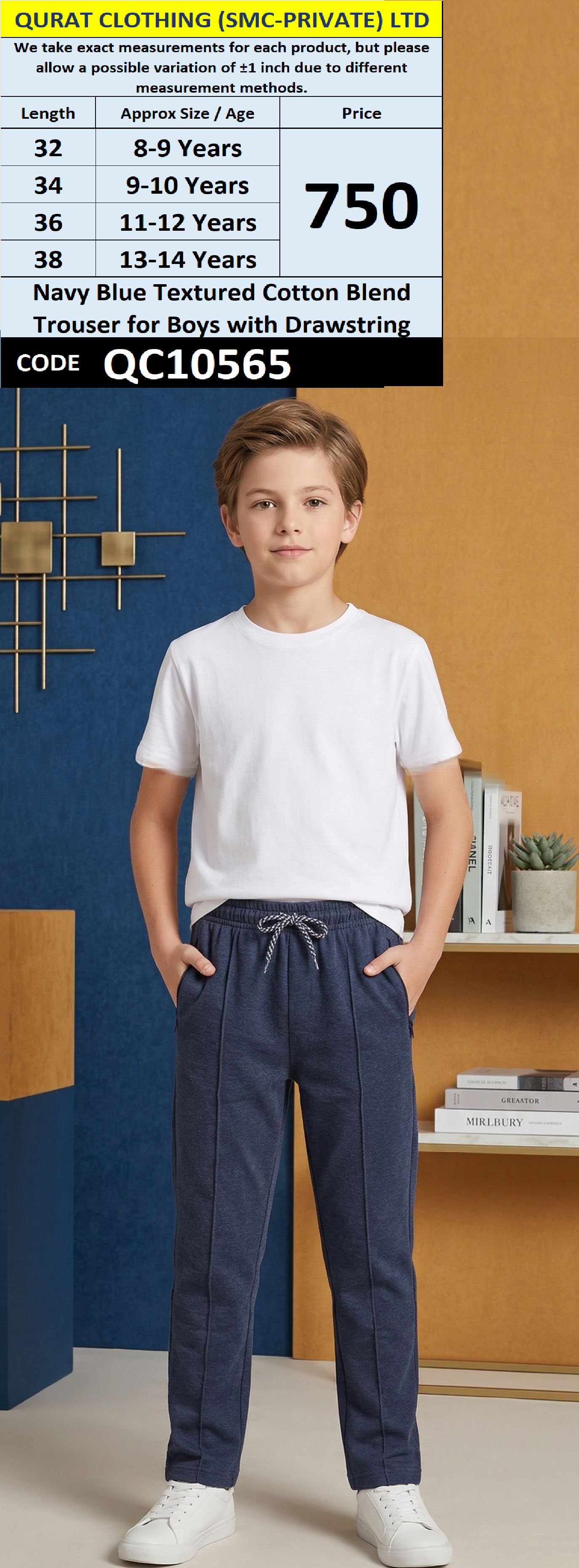 Navy Blue Textured Cotton Blend Trouser for Boys with Drawstring QC10565