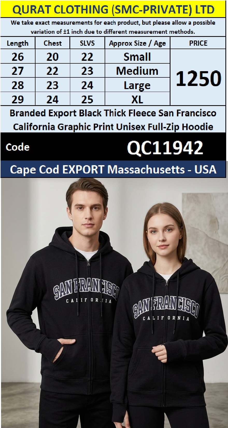 Branded Export Black Thick Fleece San Francisco California Graphic Print Unisex Full-Zip Hoodie – Cape Cod Massachusetts USA – QC11942