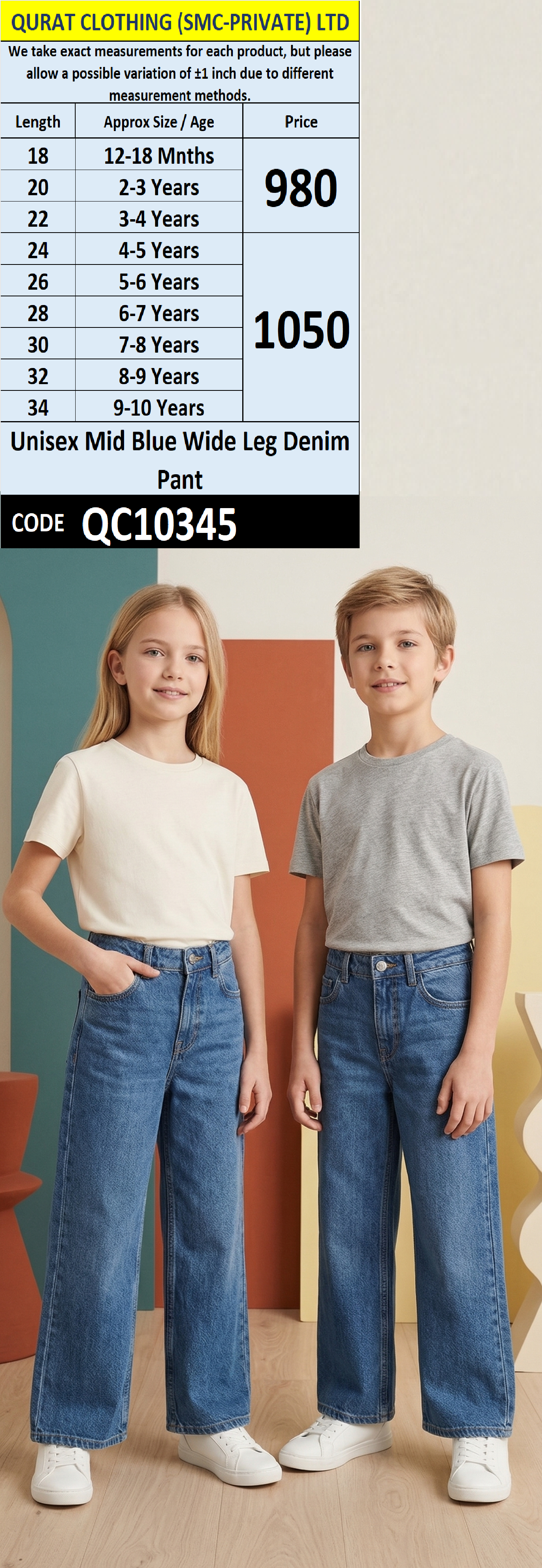 Unisex Mid Blue Wide Leg Denim Pant QC10345
