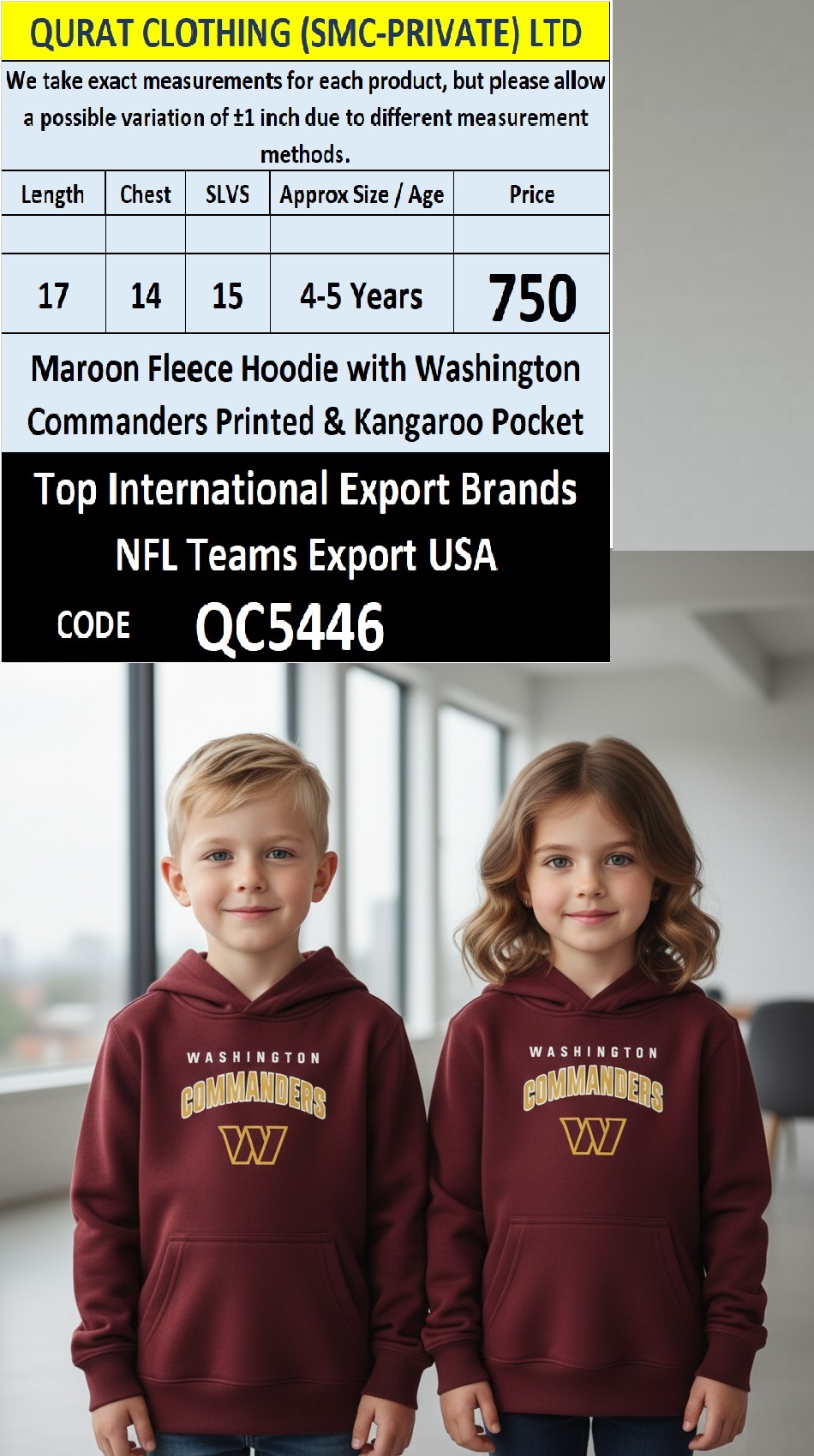 Maroon Fleece Hoodie Washington Commanders Printed Text with Kangaroo Pocket – Export USA – QC5446
