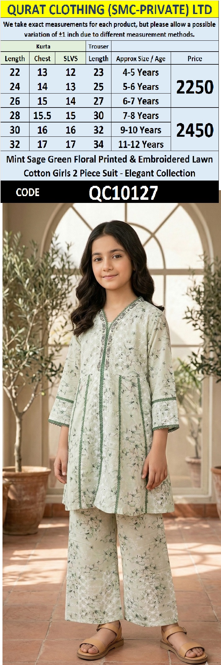 Mint Sage Green Floral Printed & Embroidered Lawn Cotton Girls 2 Piece Suit – Elegant Collection QC10127 - QC10127