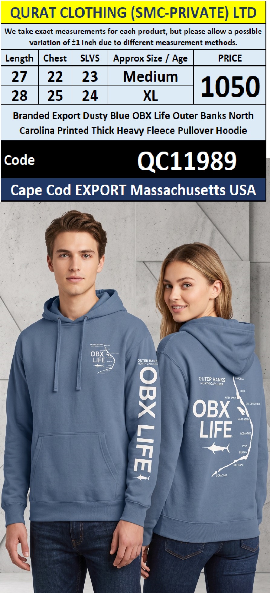 Cape Cod Export Massachusetts USA — Branded Export Dusty Blue OBX Life Outer Banks North Carolina Printed Thick Heavy Fleece Pullover Hoodie — QC11989