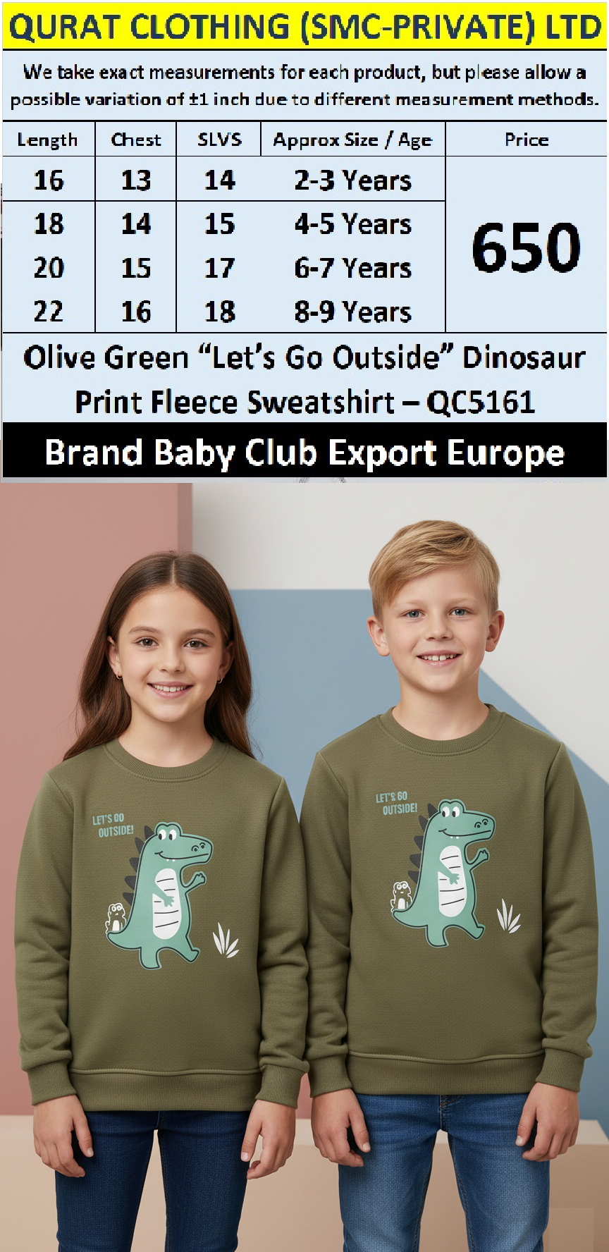 Baby Club Brand Olive Green “Let’s Go Outside” Dinosaur Fleece Sweatshirt QC5161 – Export Europe
