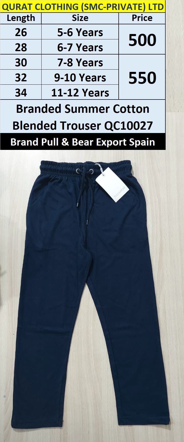 Pull & Bear Brand Summer Cotton Blended Trouser QC10027 Export Spain 
