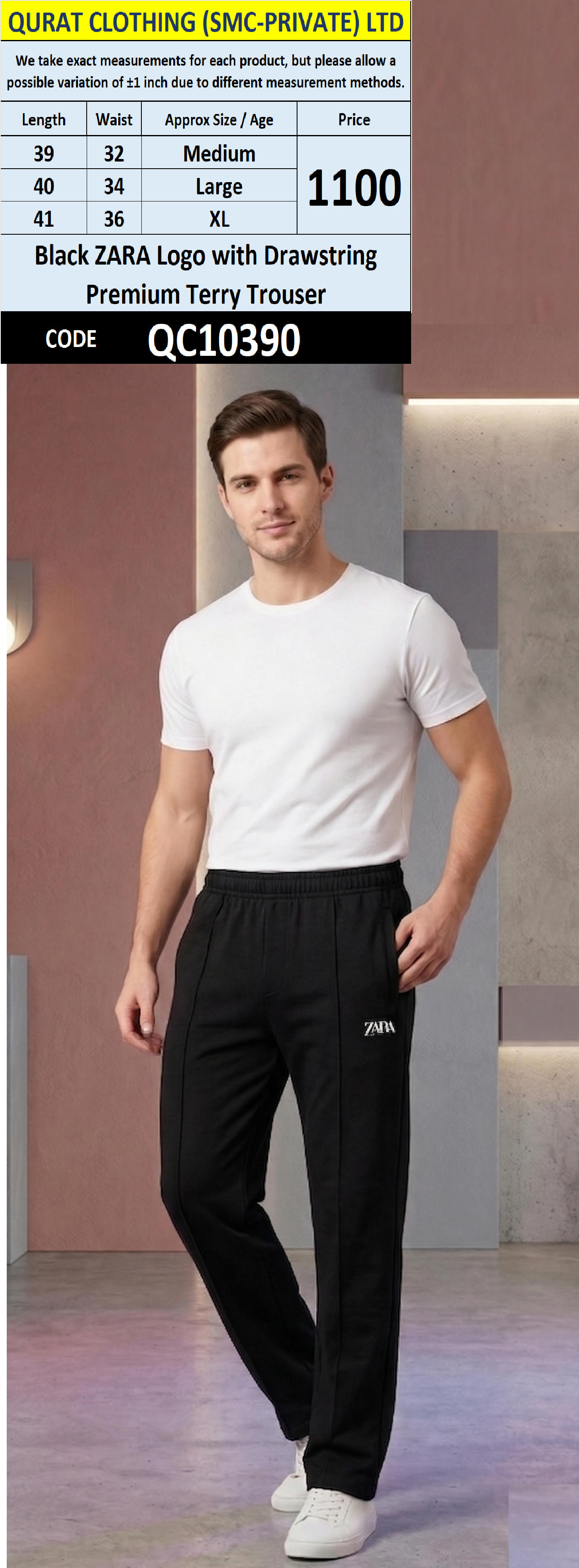 Black ZARA Logo with Drawstring Premium Terry Trouser QC10390