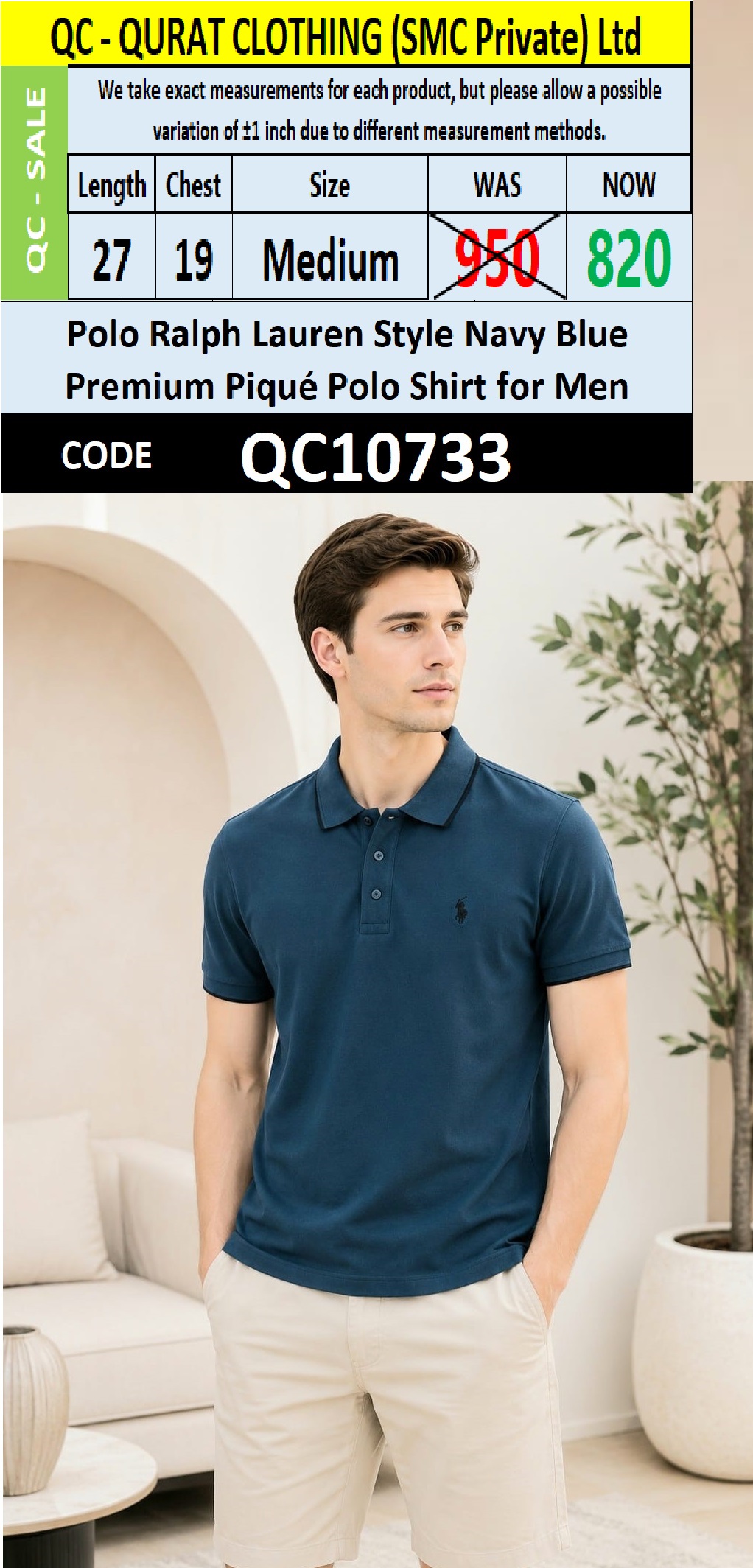 Polo Ralph Lauren Style Navy Blue Premium Piqué Polo Shirt for Men – QC10733