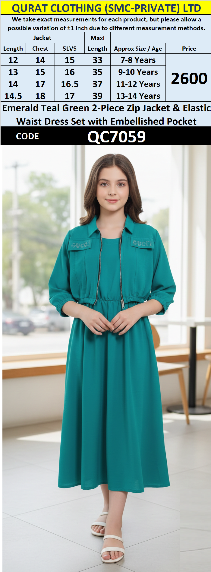 Emerald Teal Green Girls 2-Piece Zip Jacket & Elastic Waist Maxi Dress Set – Embellished Pocket Detail QC7059 - QC7059