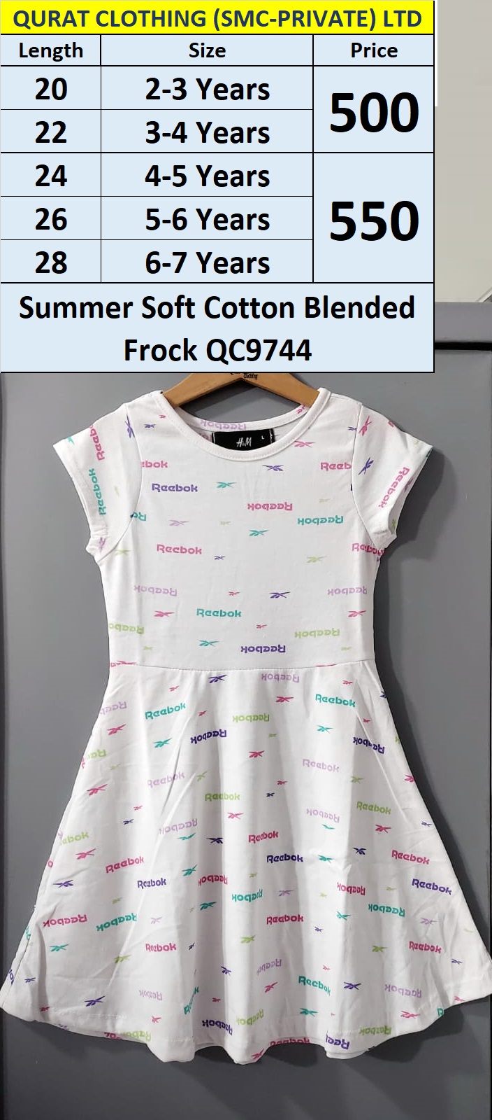 Summer Soft Cotton Blended White Reebok Print FROCK QC9744