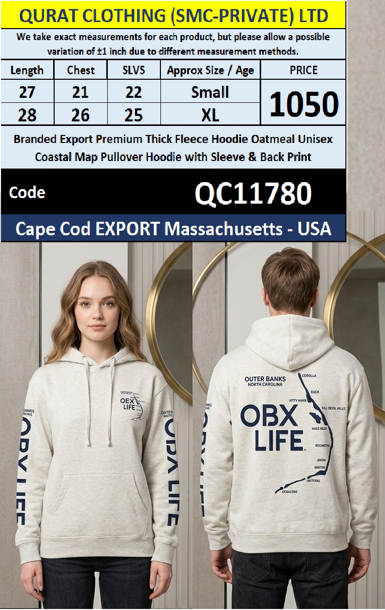 Branded Export Premium Thick Fleece Oatmeal Unisex Coastal Map Pullover Hoodie with Sleeve & Back Print – QC11780