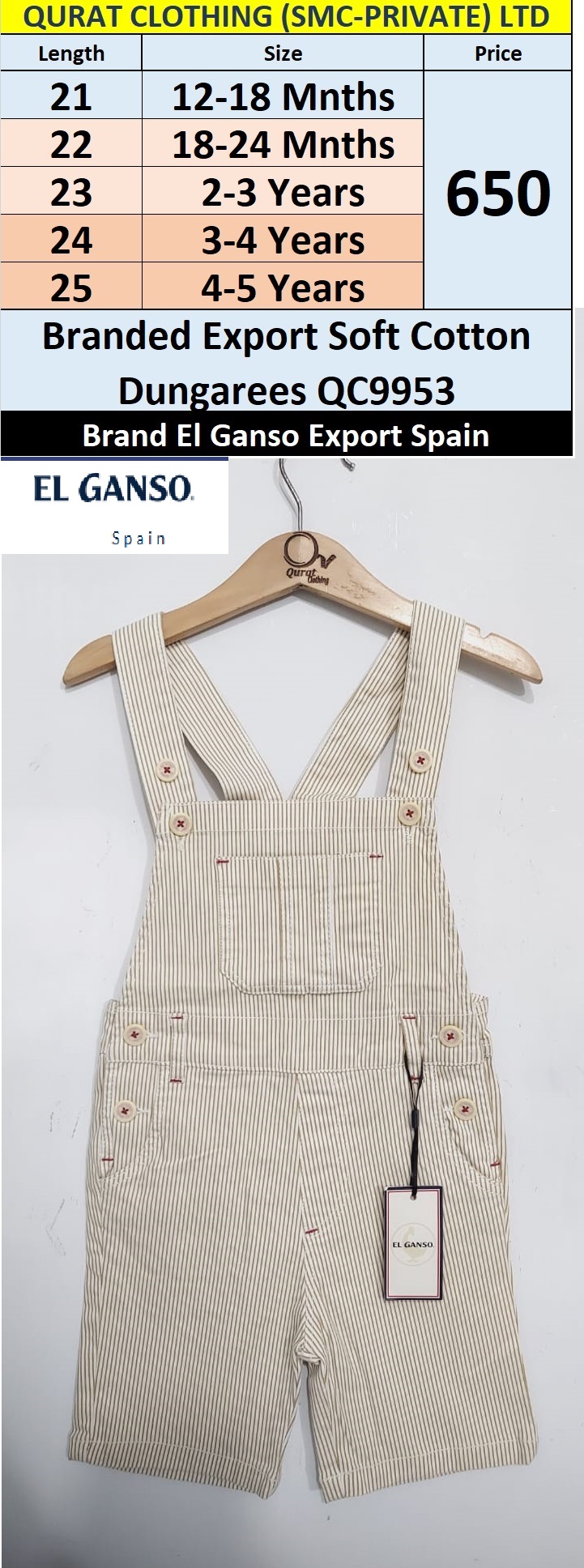 Unisex Branded Export Soft Cotton Dungaree / Romper QC9953 Brand El Ganso