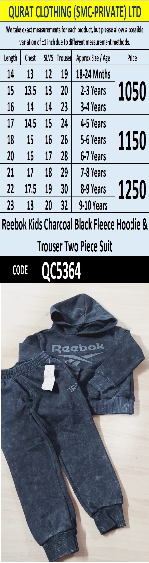 Reebok Kids Charcoal Black Fleece Hoodie & Trouser Two Piece Suit QC5364