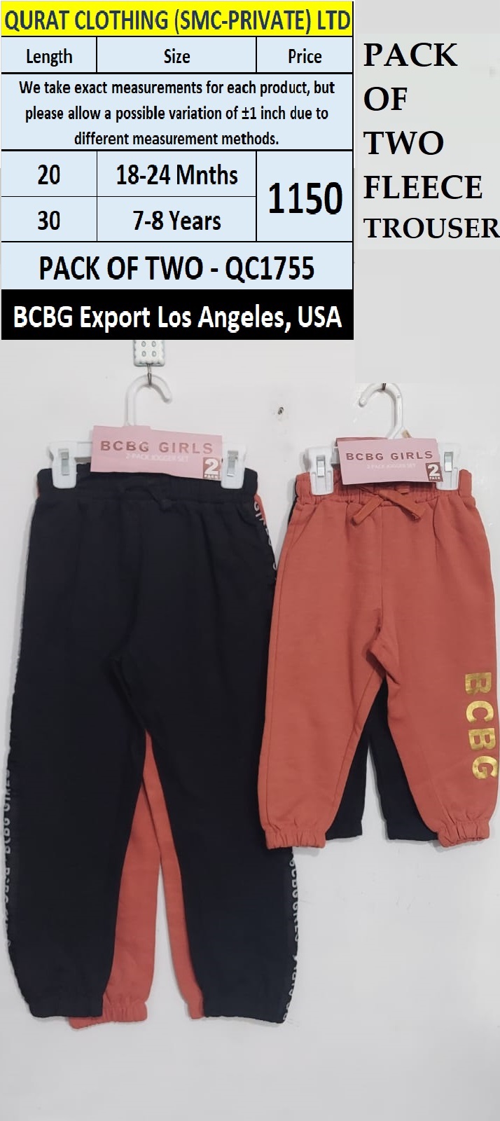 BCBG Brand Fleece PACK OF TWO Trouser QC1755 Export Los Angeles - USA | Qurat Clothing