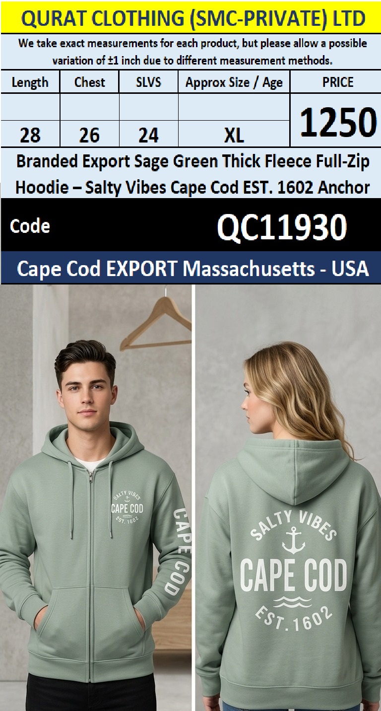 Branded Export Sage Green Thick Fleece Full-Zip Hoodie – Salty Vibes Cape Cod EST. 1602 Anchor – Cape Cod Massachusetts USA – QC11930