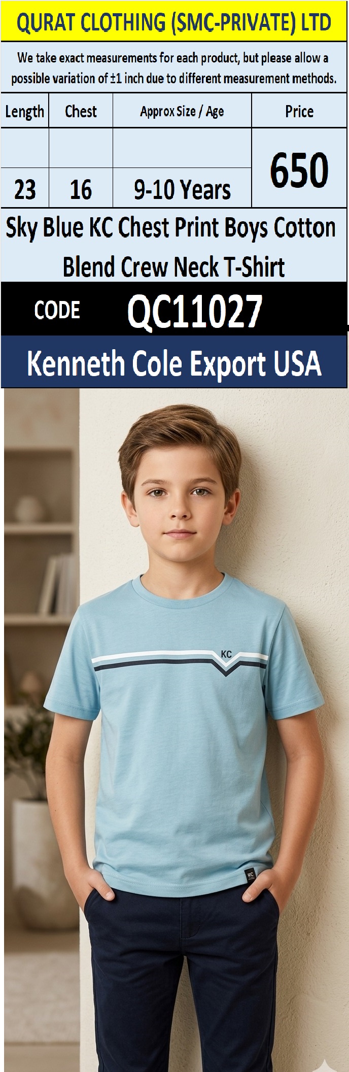 Sky Blue KC Chest Print Boys Cotton Blend Crew Neck T-Shirt – QC11027 – Kenneth Cole Export USA
