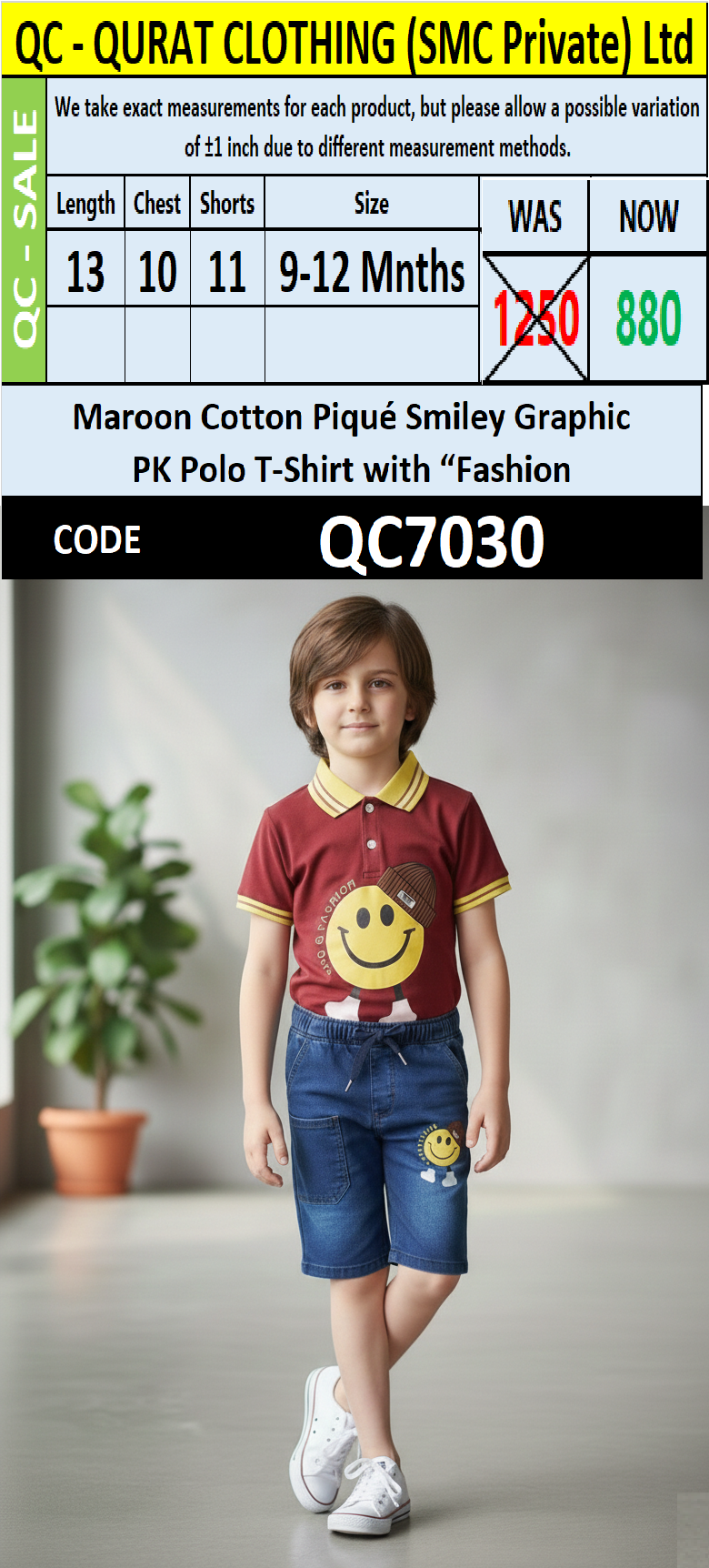 Maroon Cotton Piqué Smiley Graphic PK Polo Shirt with Denim Shorts Boys Summer Set QC7030