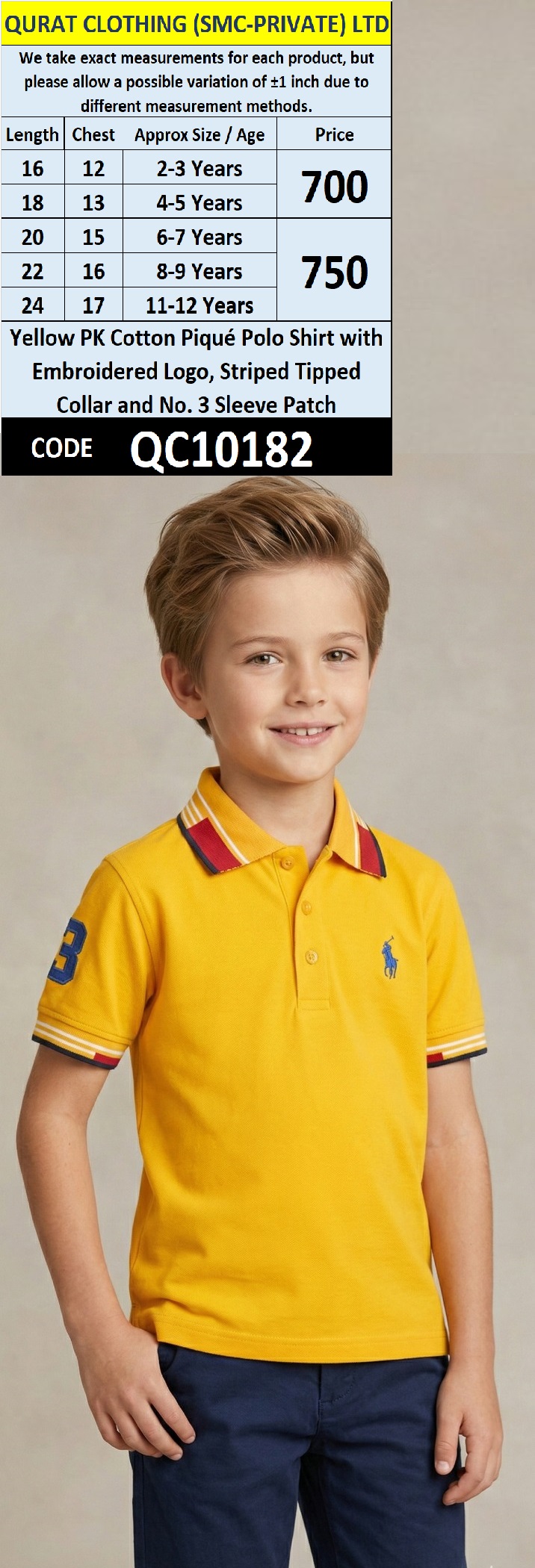 Yellow PK Cotton Piqué Polo Shirt with Embroidered Logo, Striped Tipped Collar and No. 3 Sleeve Patch – QC10182