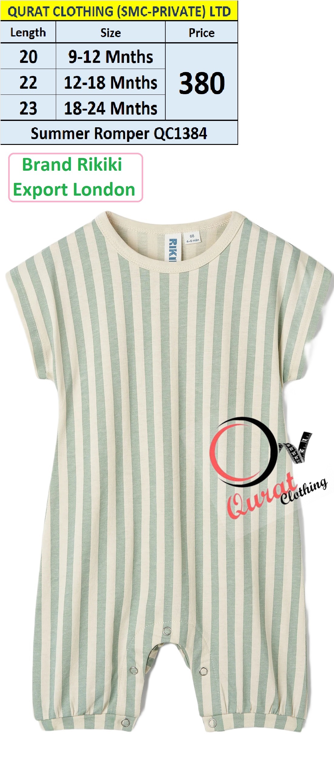Rikiki Brand Green Stripes Summer Romper QC1384 Export London