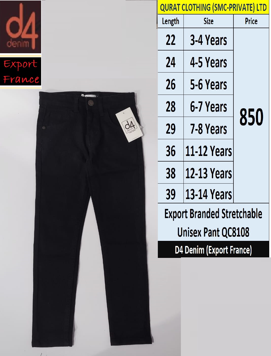Export Stretchable Unisex Pant QC8108 Brand D4 Denim Export France QC8107
