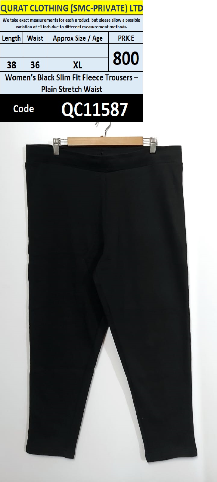 Women's Black Slim Fit Fleece Trousers – Plain Stretch Waist QC11587