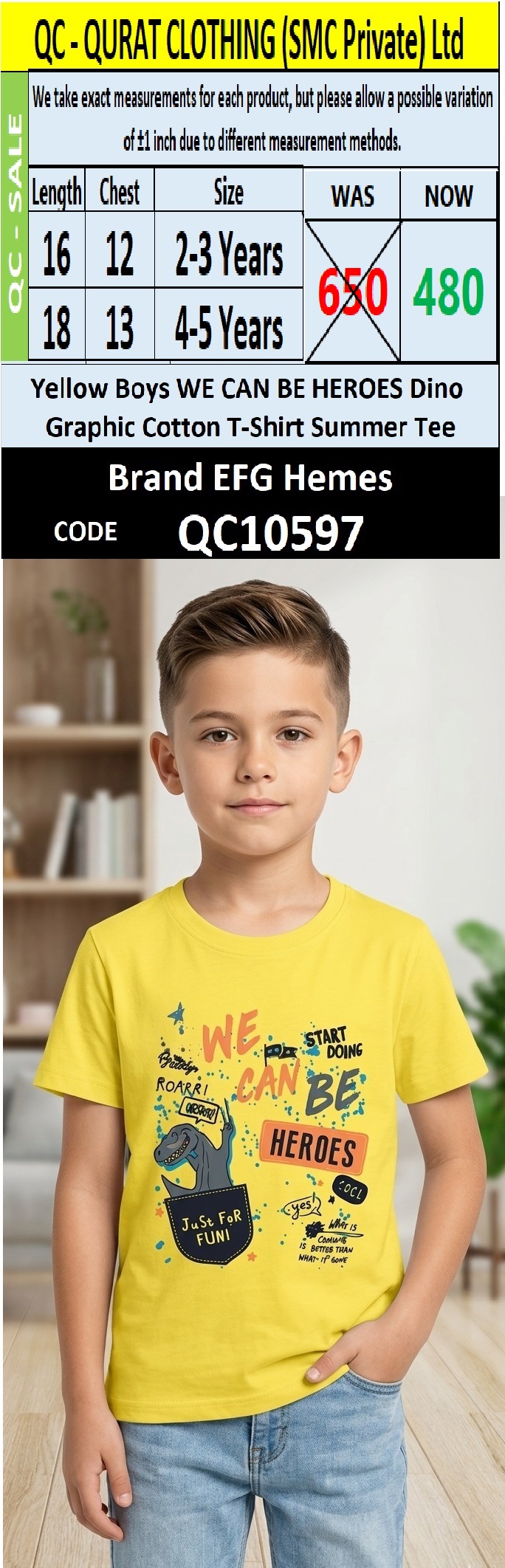 Yellow Boys WE CAN BE HEROES Dino Graphic Cotton T-Shirt Summer Tee – QC10597