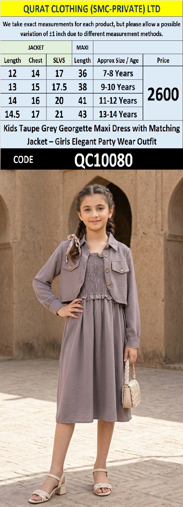 Kids Taupe Grey Georgette Maxi Dress with Matching Jacket – Girls Elegant Party Wear Outfit QC10080 - QC10080