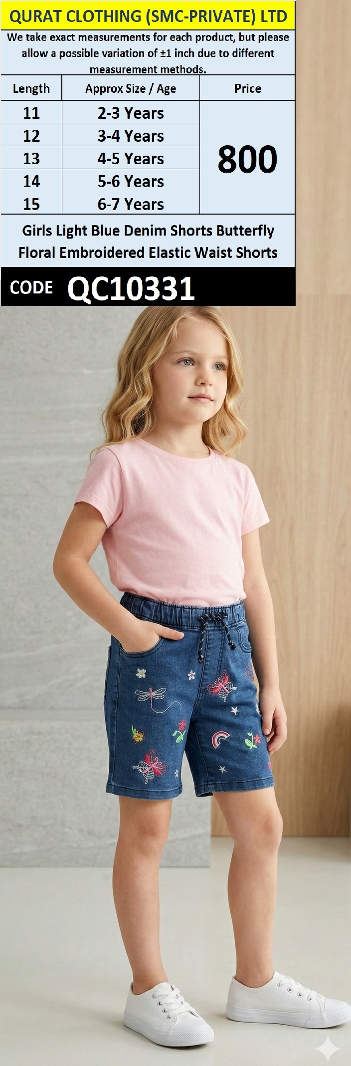 Girls Light Blue Denim Shorts Butterfly Floral Embroidered Elastic Waist Shorts – QC10331