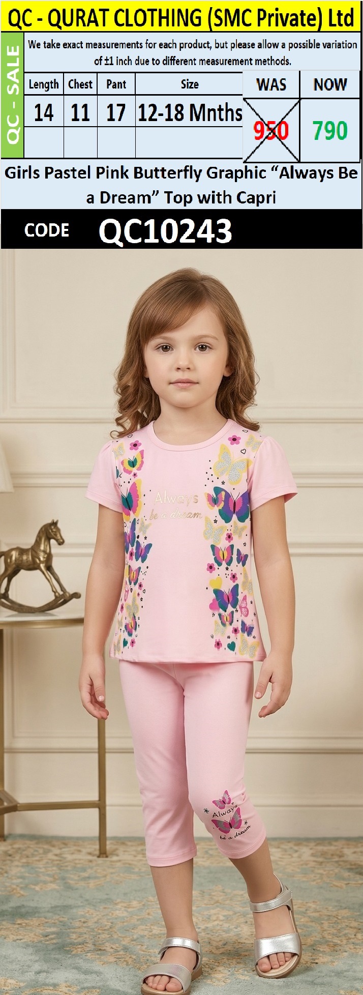 Girls Pastel Pink Butterfly Graphic “Always Be a Dream” Top with Capri – QC10243