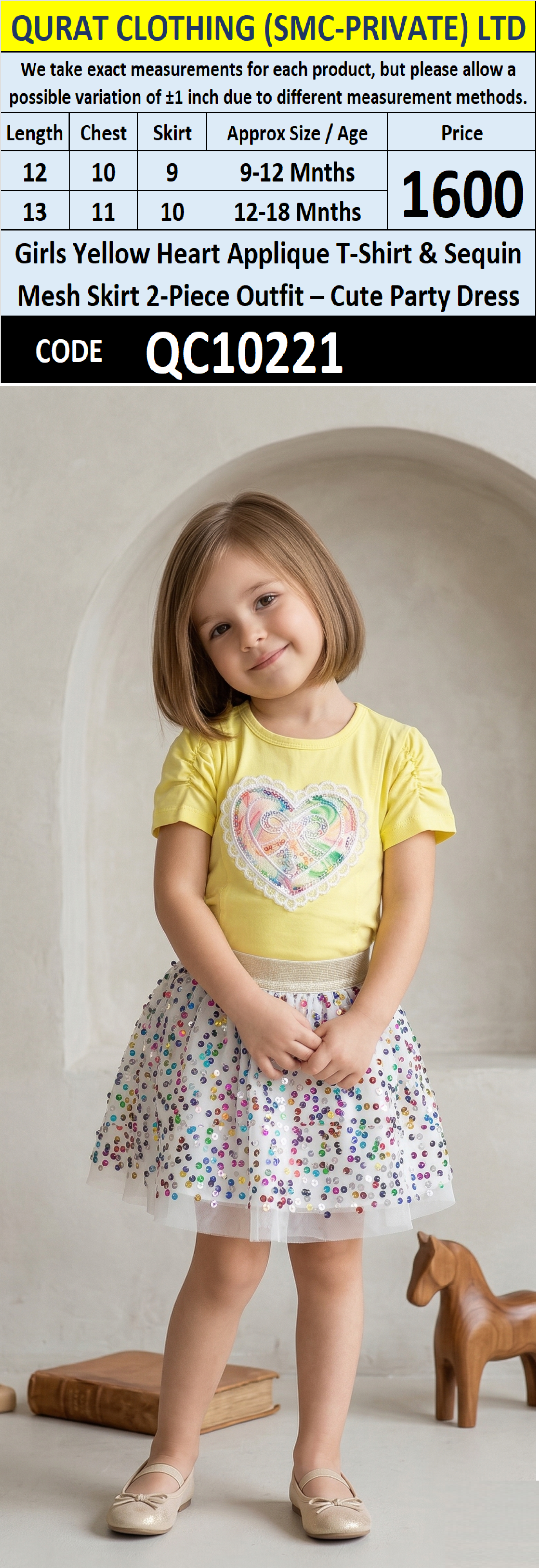 Girls Yellow Heart Applique T-Shirt & Sequin Mesh Skirt 2-Piece Outfit – Cute Party Dress – QC10221 - QC10221