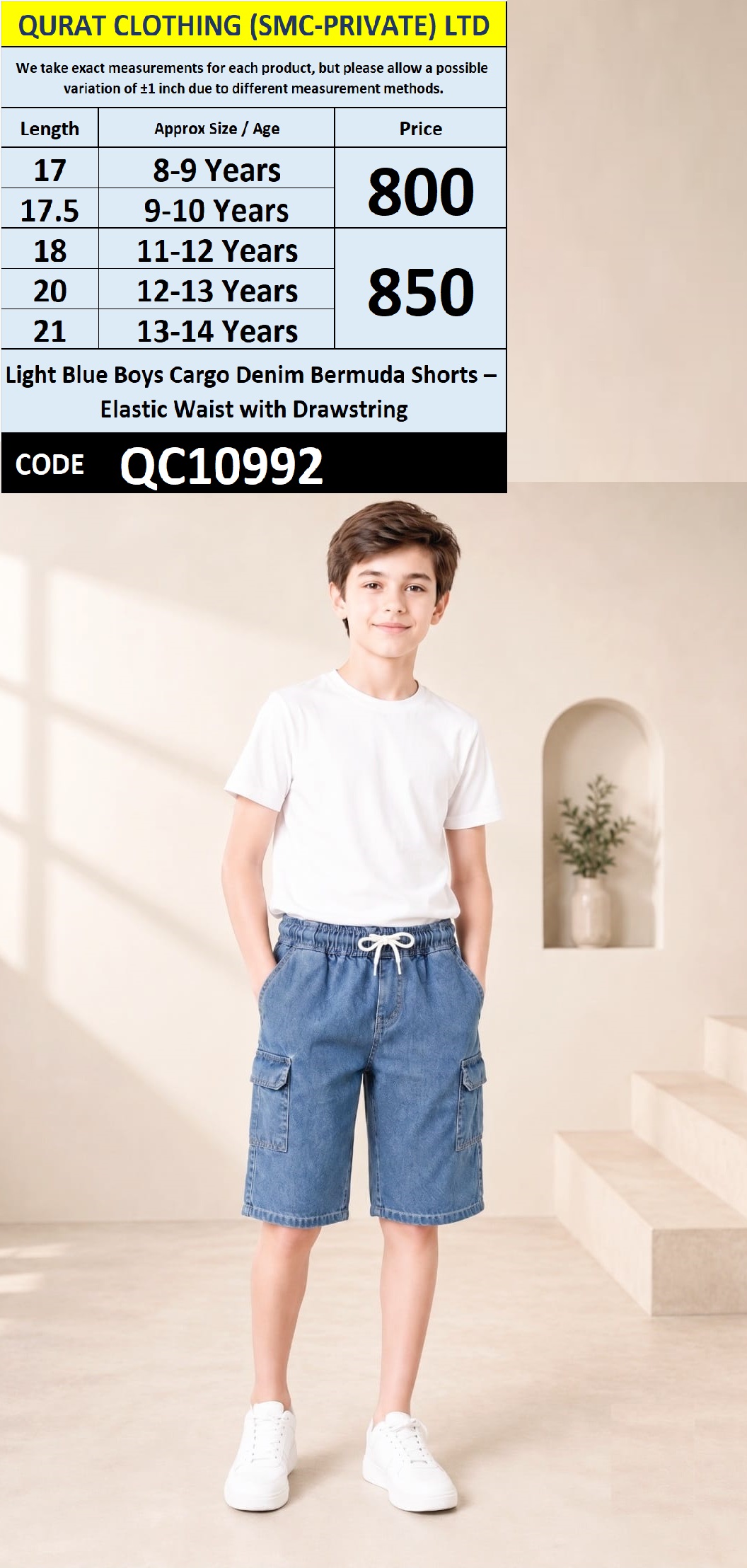 Light Blue Boys Cargo Denim Bermuda Shorts – Elastic Waist with Drawstring | QC10992