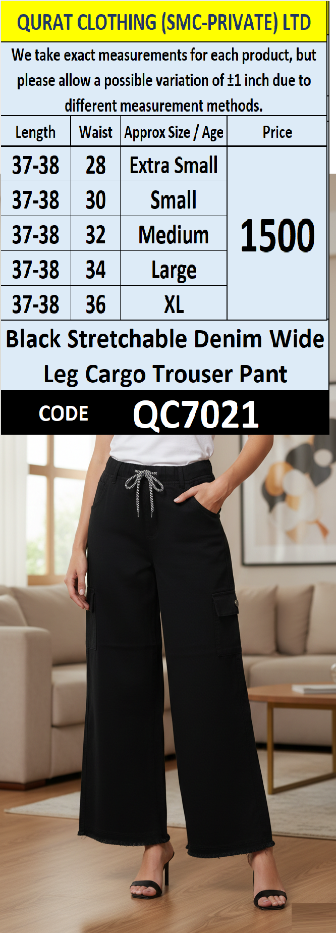 Black Stretchable Denim Wide Leg Cargo Trouser Pant for Women QC7021 - QC7021
