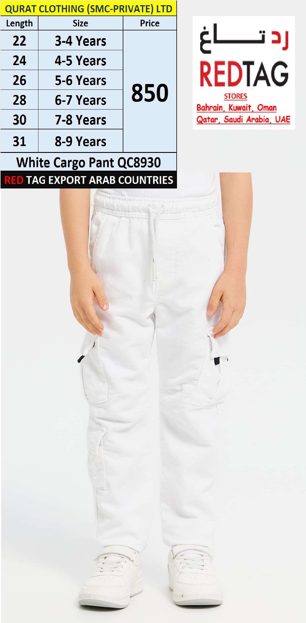 RED TAG Brand White Cargo Pant QC8930 Export Arab Countries