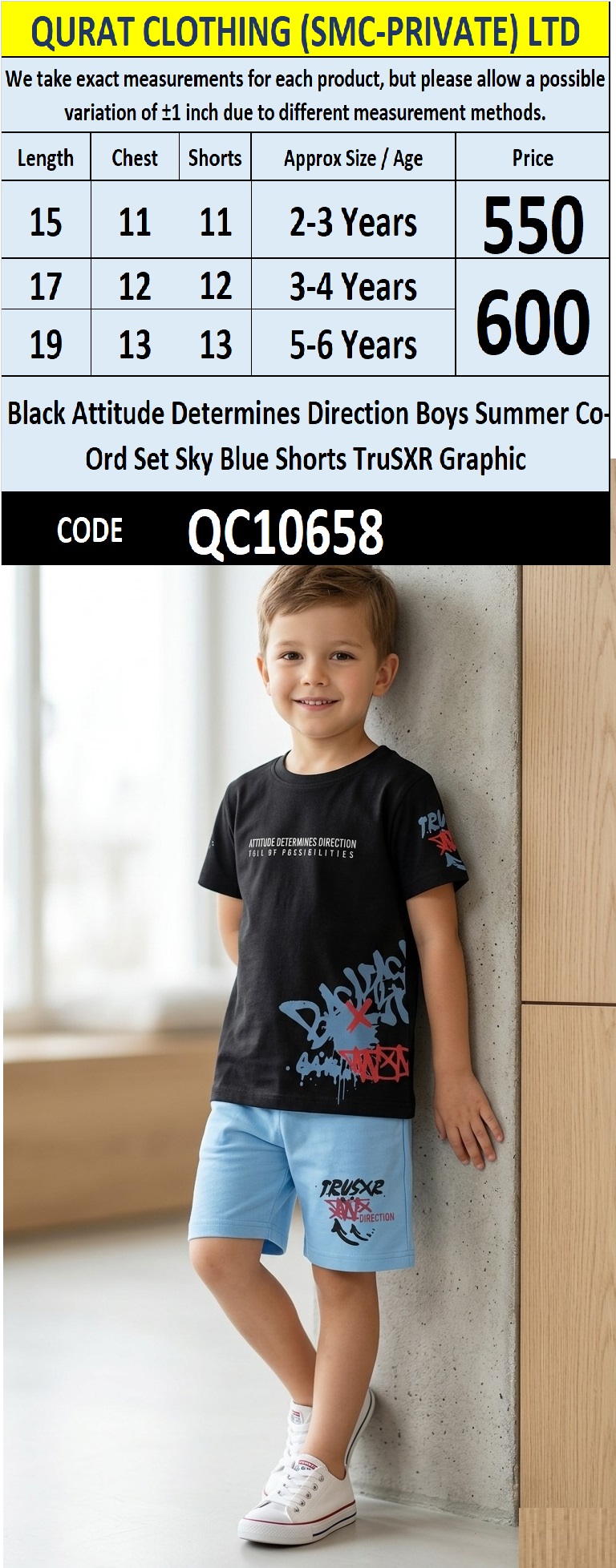 Black Attitude Determines Direction Boys Summer Co-Ord Set Sky Blue Shorts TruSXR Graphic QC10658