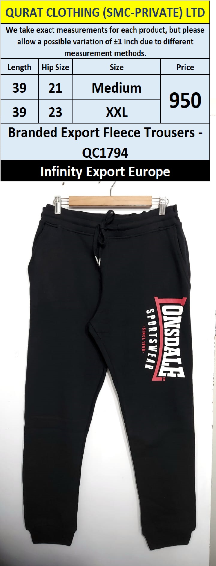 Lonsdale Brand Fleece Trouser QC1794 Export Europe 