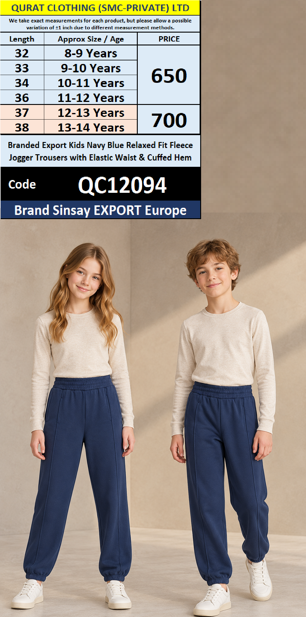 Branded Export Kids Navy Blue Relaxed Fit Fleece Jogger Trousers with Elastic Waist & Cuffed Hem – Sinsay Export Europe – QC12094