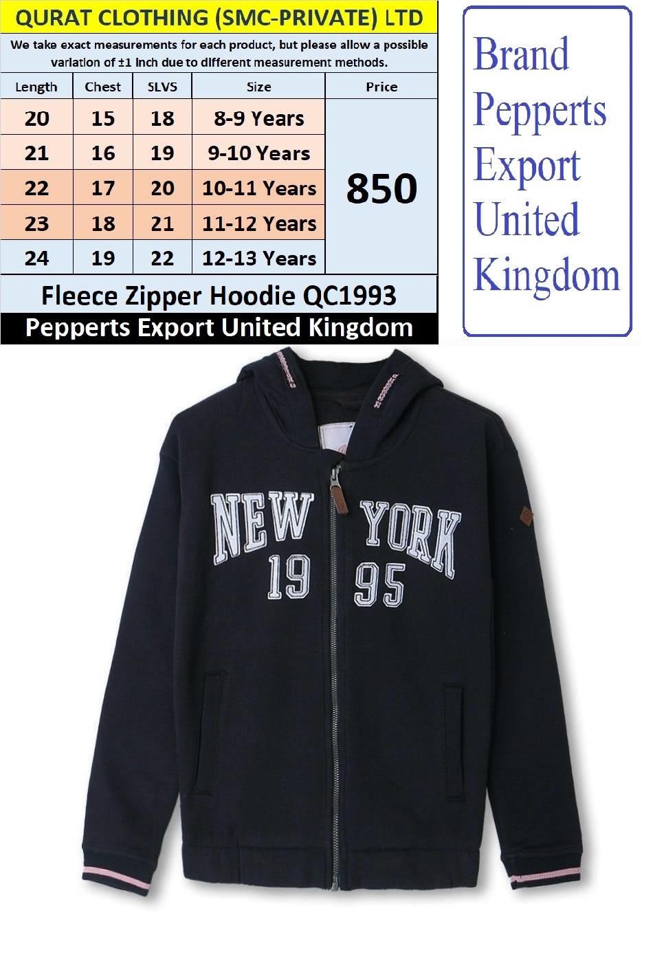 Pepperts Brand New York Fleece Zipper QC1993 Export United Kingdom