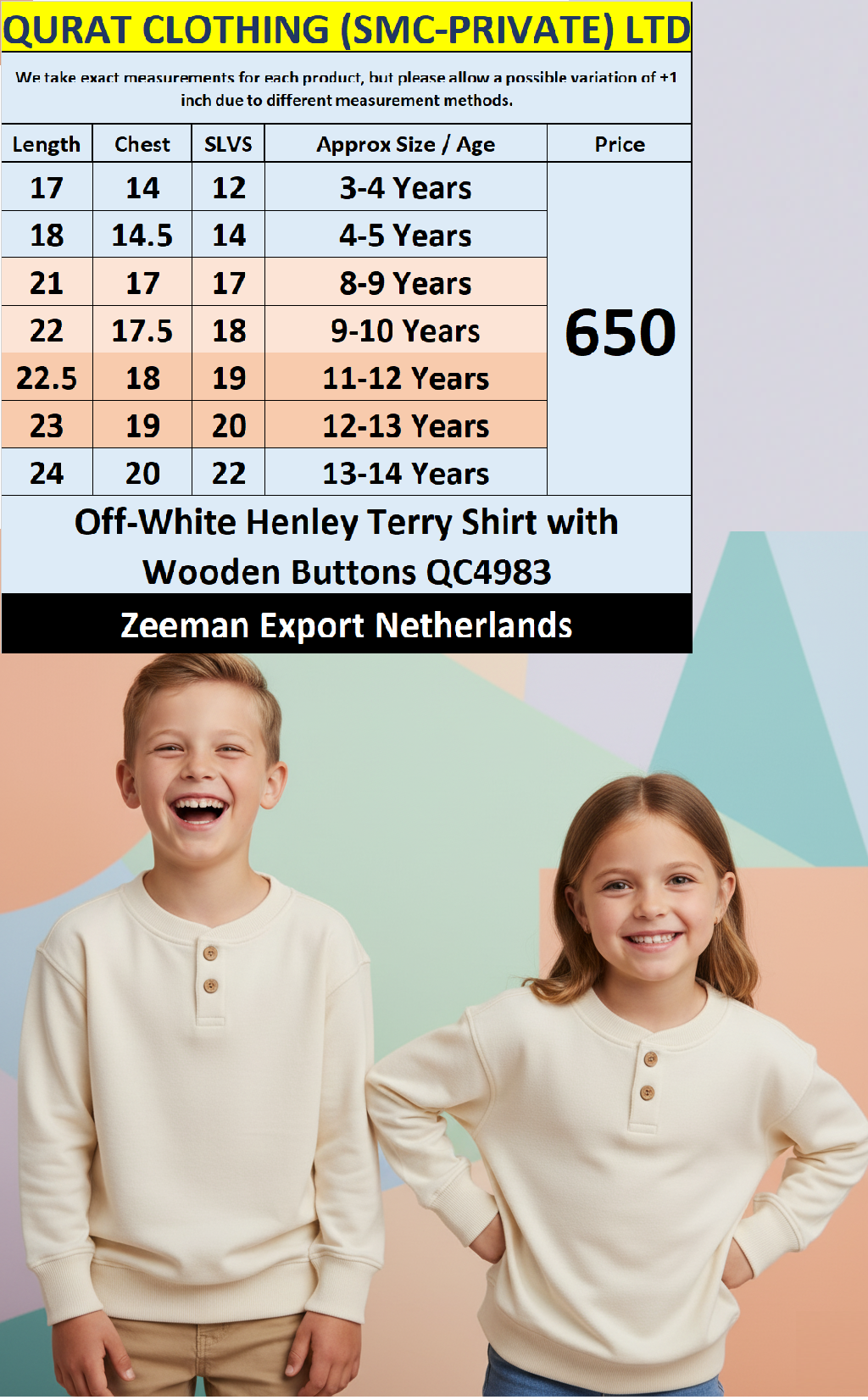 Zeeman Brand Off-White Henley Terry Shirt with Wooden Buttons QC4983 – Export Netherlands